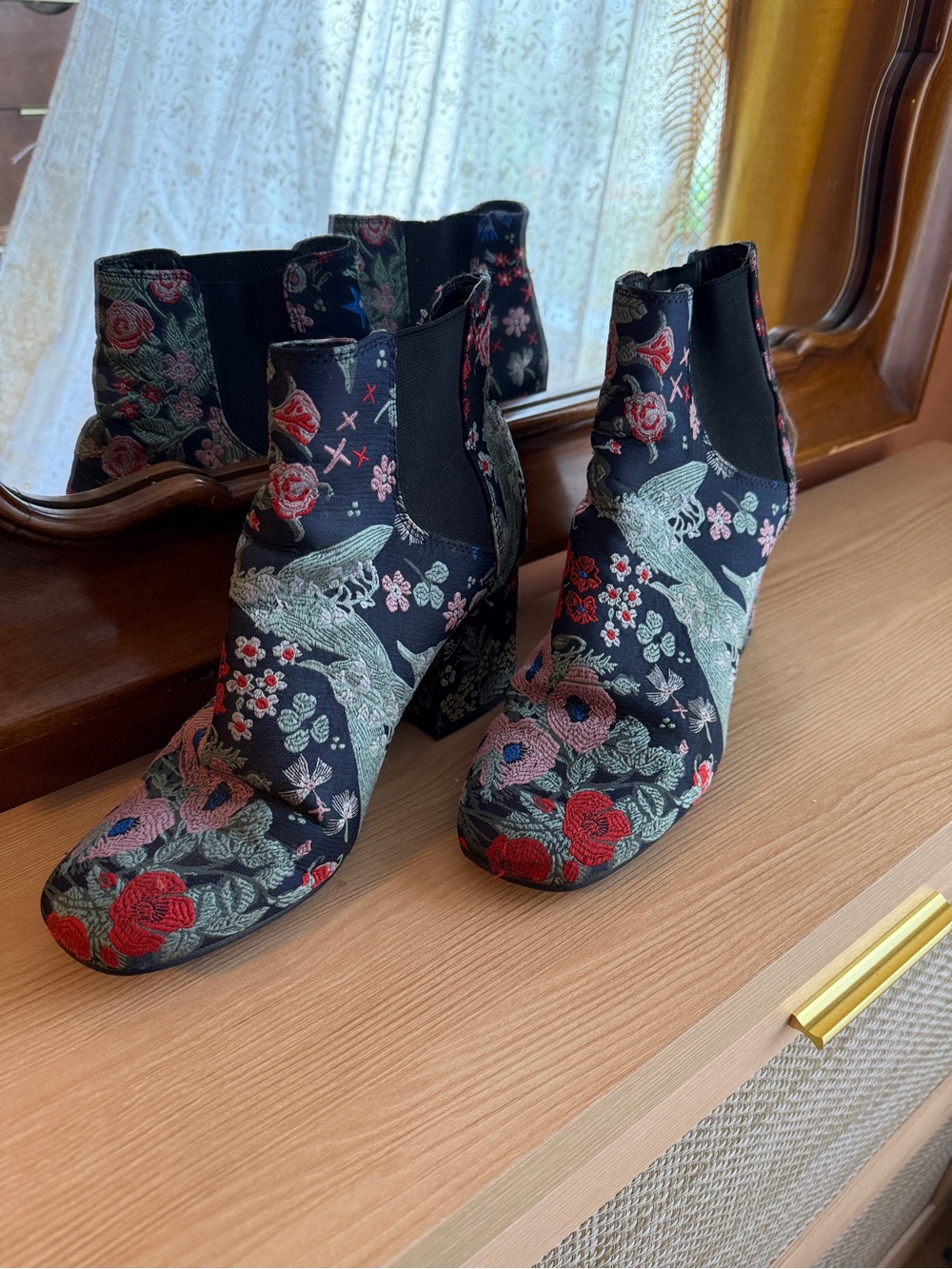 Floral Embroidered Black Ankle Boots - Women's
